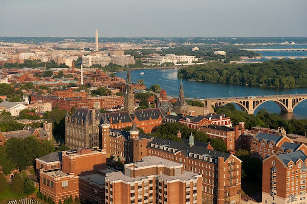 Campus aerial view looking toward the Washington Monument