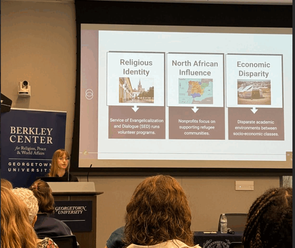 Cici Sprouse at a podium next to a slide with three sections: "Religious Identity, North African Influence, and Economic Disparity".
