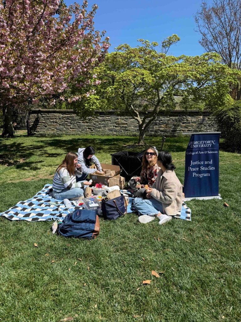 Students enjoying picnic outside.